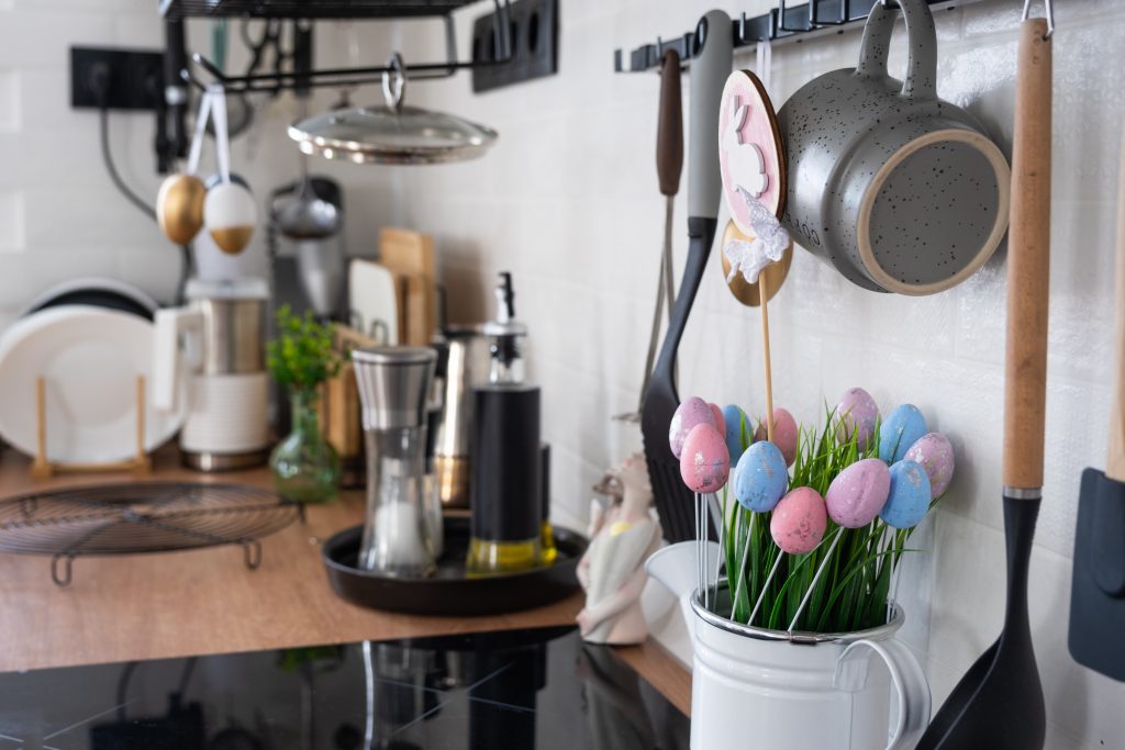 Easter eggs in jug on kitchen counter