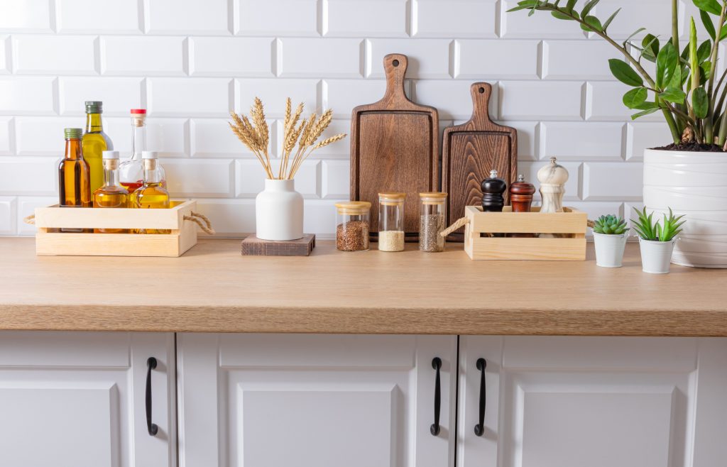 Kitchen countertop with spices and plants