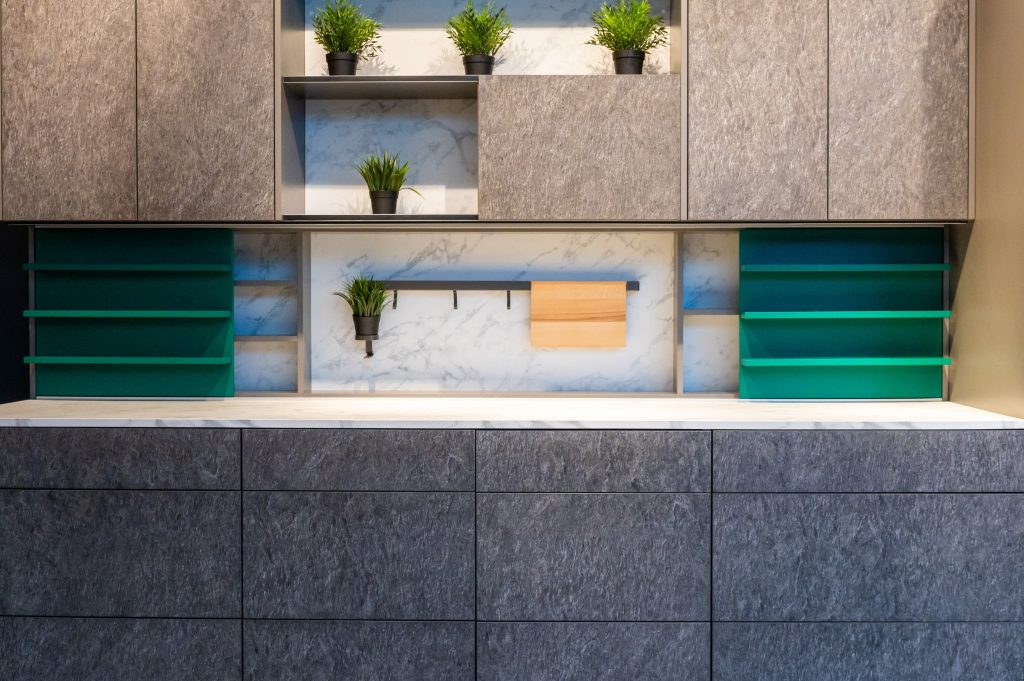 modern kitchen cabinets marble backsplash green shelves