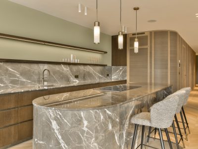 Marble kitchen island with pendant lights