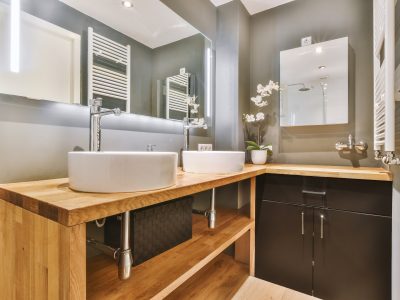 Bathroom wooden countertop dual sinks mirror
