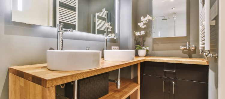 Bathroom wooden countertop dual sinks mirror