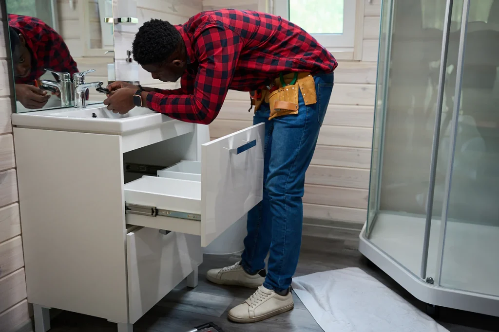 Man repairing bathroom sink faucet with tools